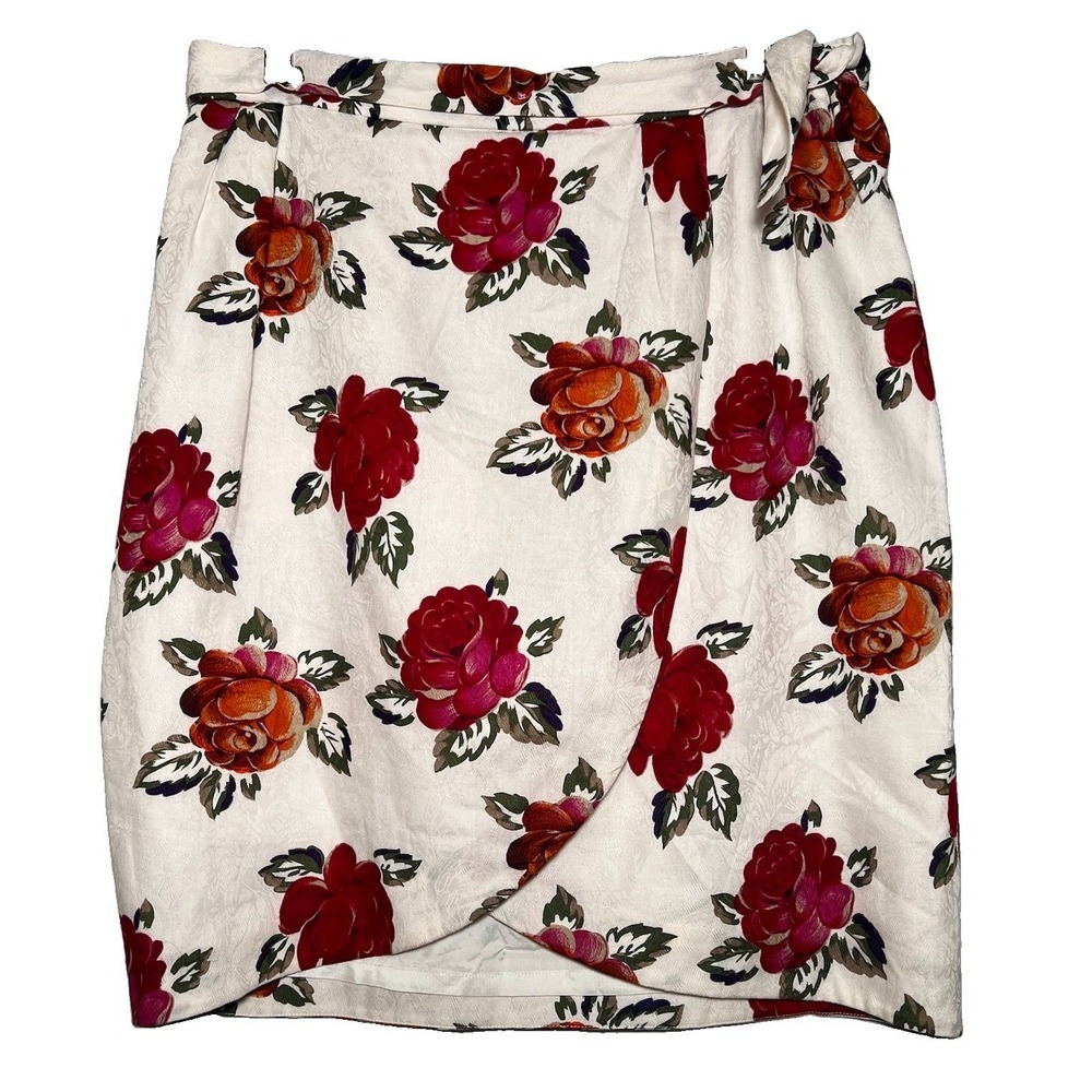 Vtg 90s Romantic Ungaro Jacquard‎ Red Rose Cottage Wrap Skirt 12 Cotton Blend